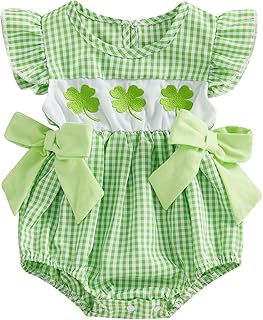 Newborn Baby Girl St Patricks Day Outfit Shamrock Sleeveless Bubble Romper Smocked Bodysuit Cute Infant Clothes