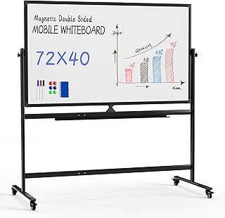 سبورة بيضاء دوارة من فينوسمايلز، لوح ابيض مقاس 72 انش × 40 انش مع حوامل متحركة قابلة للمسح الجاف على عجلات، سبورة بيضاء كبيرة قائمة مزدوجة الجوانب لمستلزمات العرض التقديمي للمكتب والمدرسة والفصول