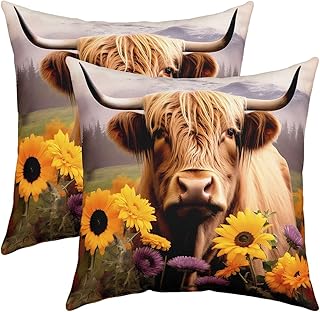 Homemissing Highland Cow Throw Pillow Covers Sunflower Decorative Throw Pillowcases 60x60cm Set of 2 Soft Highland Cattle Pillow Cases Cushion Covers Room Decorations Western Farmhouse Cushion Case