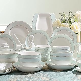 56 pcs.,ockery Set, Porcelain Separating Crockery Set with Round Dessert Plates, Soup Plates, Dinner Plates, Dishes, Soup Pot Service for 12 People with Gold Rim