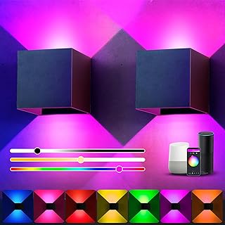 مصباح حائط RGB 9 واط قابل للتعتيم للاماكن الداخلية/الخارجية مع جهاز تحكم عن بعد، مزامنة موسيقية ويمكنك تركيبها بنفسك، 16 مليون لون، مصابيح حائط بزاوية شعاع قابلة للتعديل لغرفة المعيشة وغرفة النوم