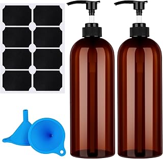 Partideal Pump Bottle Dispenser, 2 Pcs 1000ml/35.2oz Refillable Empty Press Pump Bottles, Refillable Plastic Empty Pump Bottles Dispensers with Funnel and Label for Lotions, Shampoo, Conditioner