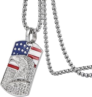 Stainless Steel American Eagle Patriotic Necklace for Men Women Cubic Zirconia American Flag Bald Eagle Pendant with 22+2inch Chain Jewelry Gift