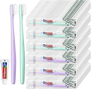 فرشاة اسنان للاستعمال مرة واحدة فرشاة اسنان للفنادق ومعجون اسنان للاستعمال مرة واحدة مغلفة بشكل فردي لونين رقيقة وعملية مناسبة للفنادق والمنزل والتخييم والسفر PACK 100 من لومجومي يدوي بالغ، ابيض