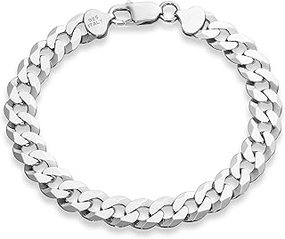 Miabella 925 Sterling Silver Italian Solid 9mm Diamond-Cut Cuban Link Curb Chain Bracelet for Men, Made in Italy