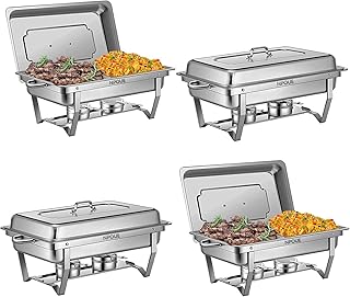 مجموعة اطباق بوفيه من الستانلس ستيل سعة 8 كوارت مكونة من 4 قطع مع اغطية وحامل قابل للطي لتدفئة الطعام للحفلات والبوفيهات