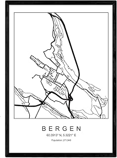 Nacnic Bergen City Plan Sheet Photos, Prints and Posters for Living Room, Bedroom... Nordic Style in Black and White Country and Continents Posters A4 Size without Frame.