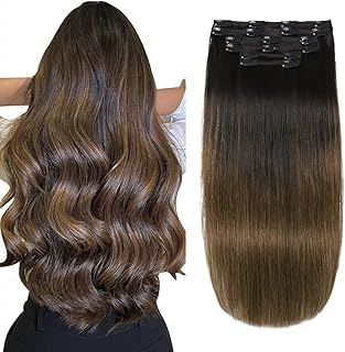 XDhair Clip-In Real Hair Extensions, Silk, Straight, Colour 1B Made of Black Fade to 4 Medium Brown, 40 cm, 100 g, 6 Pieces, Clip-In Hair Extensions (#1BT4-16 Inches)