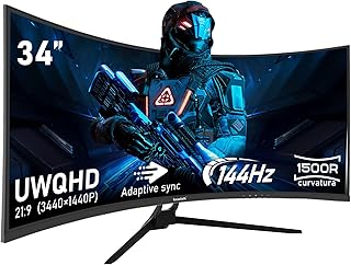 شاشة العاب منحنية عريضة للغاية 34 انش 1500R 144hz UWQHD 3440x1440، كمبيوتر 21:9 - فري سينك، تدعم حامل الحائط 75×75 ملم من جاوفولك، أسود