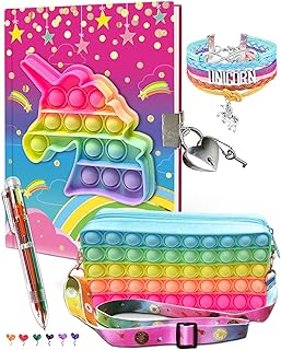 JOEKIKIMD Pop Notebook for Kids, Fidget Journal Set Includes Unicorn Diary with lock Pink Fashion Bracelets 6 Multicolor Ball Pen & Pop Pencil Case Gift Stuff diary for girls ages 8-12