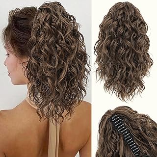 VEGALILY 12 inch Ponytail Extension Light Brown Hair Extensions Clip in Drawstring Ponytail Short Curly Claw Clip Ponytail Hair Extensions Synthetic Hair Pieces for Women for Daily Use