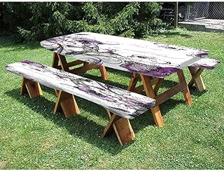 Hummingbird 72" Polyester Picnic Table and Bench Fitted Tablecloth, Flowers Leaves Bird and Classic Patterns Curvy Lines Ornament Nostalgic Art, for outdoor, park, terrace, 28 x 72 Inch Purple Black