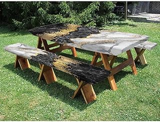 Marble Picnic Fitted Tablecloth and Bench Seats Table Cover, 3-piece set, perfect for party outdoor patio, 28 x 72 Inch