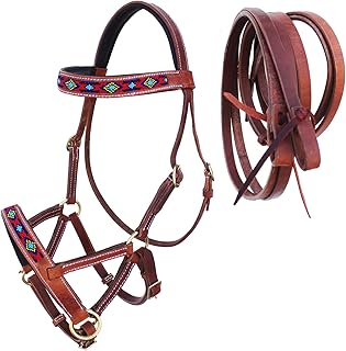 Horse Western Black Leather Beaded Bitless Padded Sidepull Bridle Reins 77RS21