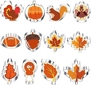 12 Pcs Autumn Cookie Cutters, Stainless Steel Biscuit Pastry Cutter Set Squirrel Maple Leaf Turkey Pumpkin Acorn Oak Leaf Shape Cookie Cutter for Fall Thanksgiving Party Baking Decoration Kids Clay