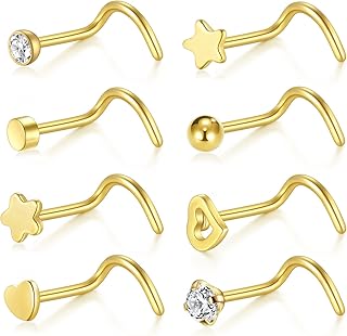 Briana Williams 20G 8-12pcs Nose Screw Studs Stainless Steel Ring Zirconia Ball Heart Star Flat Top Nose Piercing Jewelry