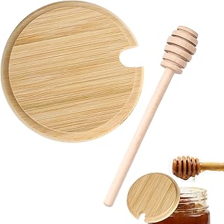 Honey Dipper and Lid Set, Wooden Honey Spoon and Jar Cover Beechwood Drizzler with Multi-Functional Bamboo Lid for Tea Coffee Baking and Easy Honey Dispensing Storage (Fit 3-3.5 in Jar Mouth)