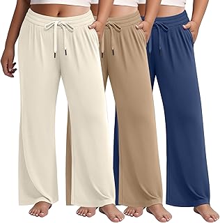 Huukeay 3 Pack Women's Plus Size Pants Wide Leg Yoga Pants Baggy Lounge Sweatpants with Pockets Drawstring High Waist Jogger