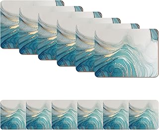 Naivasha Homeware Placemats and Coasters Set of 6 - Heat Resistant, Waterproof, Non-Slip Cork Table Mats in Matte Finish, Elegant Placemats & Coasters for Cups, Mugs, Plates & Pans - Aqua Marble