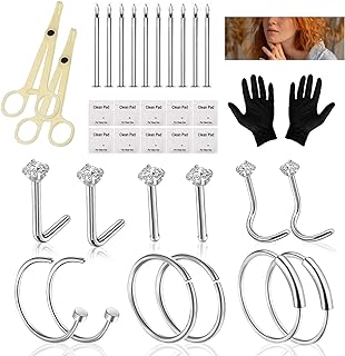 Gakonp Nose Piercing Kit 34pcs Piercing Kit with Stainless Steel Piercing Needles 18G 20G Piercing Piercing Clamps Gloves Nose Ring Nose Nail for Body Piercing Kit Piercing Supplies