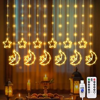 Ramadan Decorative Fairy Lights, 3.5 m Ramadan Decoration Light Curtain, LED Moon Stars Fairy Lights with Timer & Remote Control, 8 Modes, USB Ramadan Fairy Lights Window Indoor Outdoor for Party