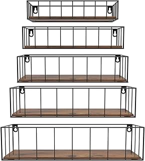 كروجلا مجموعة ارفف عائمة تثبت على الحائط مكونة من 5 قطع، رف حائط معلق للتخزين مع قضيب للحمام وغرفة النوم وغرفة المعيشة والمطبخ، معدن خشبي هندسي، أسود
