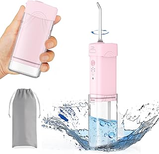 Foldable Oral Irrigator, Portable Cordless Water Dental Flosser 5 Replaceable Jet Tips, Rechargeable IPX7 Waterproof Teeth Cleaner for Home and Travel (Pink)