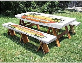 Surf 72" Polyester Picnic Table and Bench Fitted Tablecloth, Retro Surf Van with Palms Camping Relax Hippie Travel Be Happy Free 60s Theme, for Outdoor/BBQ/Camping, 28 x 72 Inch Orange Green