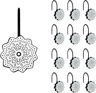 سن لايت خطافات ستارة الحمام المزخرفة بنمط بوهو، حلقات ستارة الحمام باللونين الاسود والابيض، من الراتنج، ديكور الحمام بوهو ماندالا الزهور - عبوة من 12 قطعة