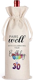 30th Birthday Wine Bag, 30th Birthday Gifts, 30 Years Old Gift Idea Wine Bag for Her Girl Friend, Sister, Birthday Party Supplies Decorations, Reusable Linen Drawstring Wine Bags (30 Birthday)