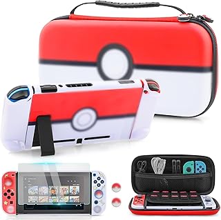 RHOTALL Red & White Cartoon Balls Carrying Case for Nintendo Switch,Waterproof Travel Case with 10 Game Card Slots,Cute protective Hard Shell Cover with Screen Protector Accessories,2 Thumb Grip Caps