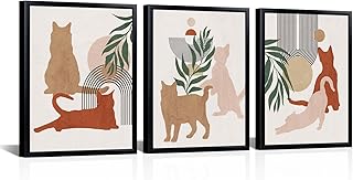 Boho Cats Wall Decor Minimalist Botanical Wall Art Black Framed Cat and Plant Leaf Paintings Canvas Prints for Living Room Bedroom Office Decoration