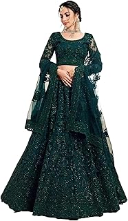 Women's Net Embroidered Semi-Stitched Lehenga Choli(Green-Rani_Green_Free Size), Dark Green, One Size