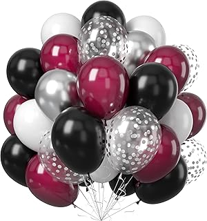 Burgundy Black Silver Wine Red Garnet Black Party Balloons Metallic Chrome Silver Confetti Balloons Helium Latex Balloons for Birthday Bridal Shower