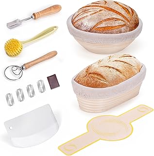 Bread Proofing Basket Set, 9 Inch Round and 10 Inch Oval Rattan Banneton Bowl with Sourdough Bread Making Tools by Thyme Space