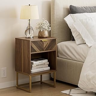 HEYZOEY Bedside Table, Modern Bedside Table, Side Table with Oak Drawer, Walnut Bedside Table, Wooden End Table for Living Room, Bedroom, Office