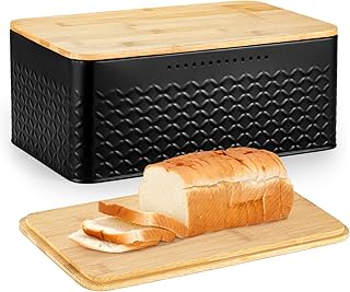 Esilihom Bread Bin, Metal Bread Box with Bamboo Lid Usable as Cutting Board, Large Bread Bin food Storage, for Kitchen Countertop Organizer (Black)