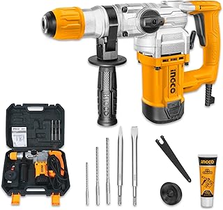 INGCO Rotary Hammer SDS-Plus Chuck Heavy Duty Rotary 5J with Vibration Control Hammer Drill, 1250W | 3800bpm, 6 drills and 2 chisels with Case, Yellow, Black