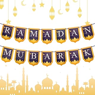 مجموعة ديكورات رمضان لعيد مبارك، لافتة عيد مبارك للتعليق المنزلي، لافتات زينة رمضان باللونين الذهبي والازرق لحفلات رمضان والعطلات وديكورات المنزل