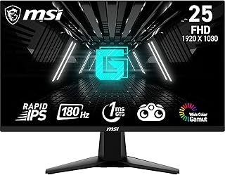 MSI شاشة العاب G255F 25 انش 1920 × 1080 (FHD)، IPS سريعة، 180 هرتز، مزامنة تكيفية، 1 مللي ثانية، HDMI، منفذ عرض، قابل للتركيب في فيسا، من ام اس اي، أسود معدني