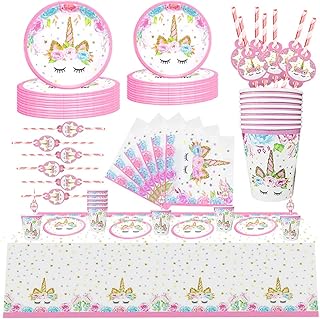 RUHM Unicorn Party Tableware Set, 16 Guests Unicorn Plate Set, Unicorn Birthday Tableware, Unicorn Plates Cups, Unicorn Party Supplies, Children's Birthday Plates, Cups, Napkins