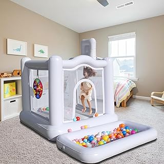 White Bounce House with Air Pump,Ball Pool,Family Backyard Bouncy Castle with PVC Materials,Suitable for Yard,Events,Kids Bounce House,Children's Gifts(8ftL×6ftW×5ftH)