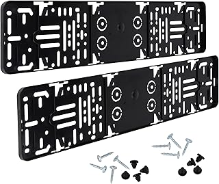 حامل لوحة ارقام بدون اطار من تروستكار، عبوة من 2 حامل لوحة ارقام سيارة عالمي متوافق مع اي لوحة ارقام معتمدة من الاتحاد الاوروبي يتضمن ملحقات تركيب 520 ملم × 110 ملم، اسود