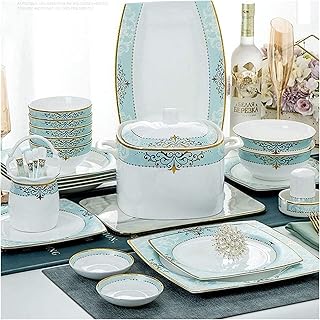 GHQtgsc Kitchen Dinnerware Set, Family Decor Dinner Set, 56pcs Bone China Tableware Set, European-style Ceramic Tableware, 10pcs 4.5" Bowl, 2pcs 6" Noodle Bowl, 6pcs Square Deep Plate