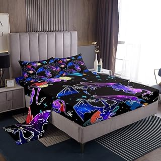 طقم ملاءات من Feelyou Galaxy Dragon Sheet Set للفضاء الخارجي وسماء مليئة بالنجوم للأطفال الأولاد والبنات وحيوانات الغابة والتنين مجموعة ملاءات ملونة لتزيين غرفة النوم 3 قطع Twin Size