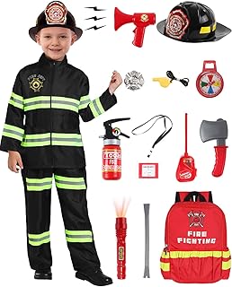 Firefighter Costume Children's Fire Brigade Costume Set with Fire Engine Toy Fire Engine Helmet Fire Chief Cosplay for Children Boys Girls Carnival Halloween Fancy Dress 9-10 Years G081XL