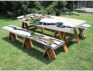 Butterfly 72" Polyester Picnic Table and Bench Fitted Tablecloth, Vivid Monarch Butterflies Flying Shades Shadows Dreamlike Fantasy Display, for outdoor, park, terrace, 28 x 72 Inch Multicolor