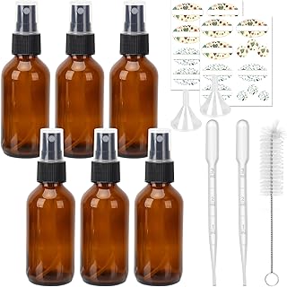 60 ml Amber Glass Spray Bottles, 6 Pack 2 oz Bottles with Fine Mist Sprayers and Dust Cap for Essential Oils, Cleaning Solutions Plants Hair.