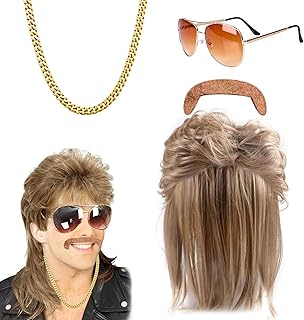 Mullet Wig, Mullet Wig, Men's Hippie Costume with Long Wig, Sunglasses, Necklace, Moustache 70s 80s Outfit, Disco, Hairstyle, Carnival, Theme Party, for Men (B)