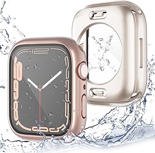 Yolovie [2 حزمة] 2 في 1 غطاء مقاوم للماء متوافق مع Apple Watch Series 7 41 مم واقي شاشة زجاج مقوى غطاء الوجه PC و مصد خلفي لملحقات iWatch - 41 مم روز / ستارلايت